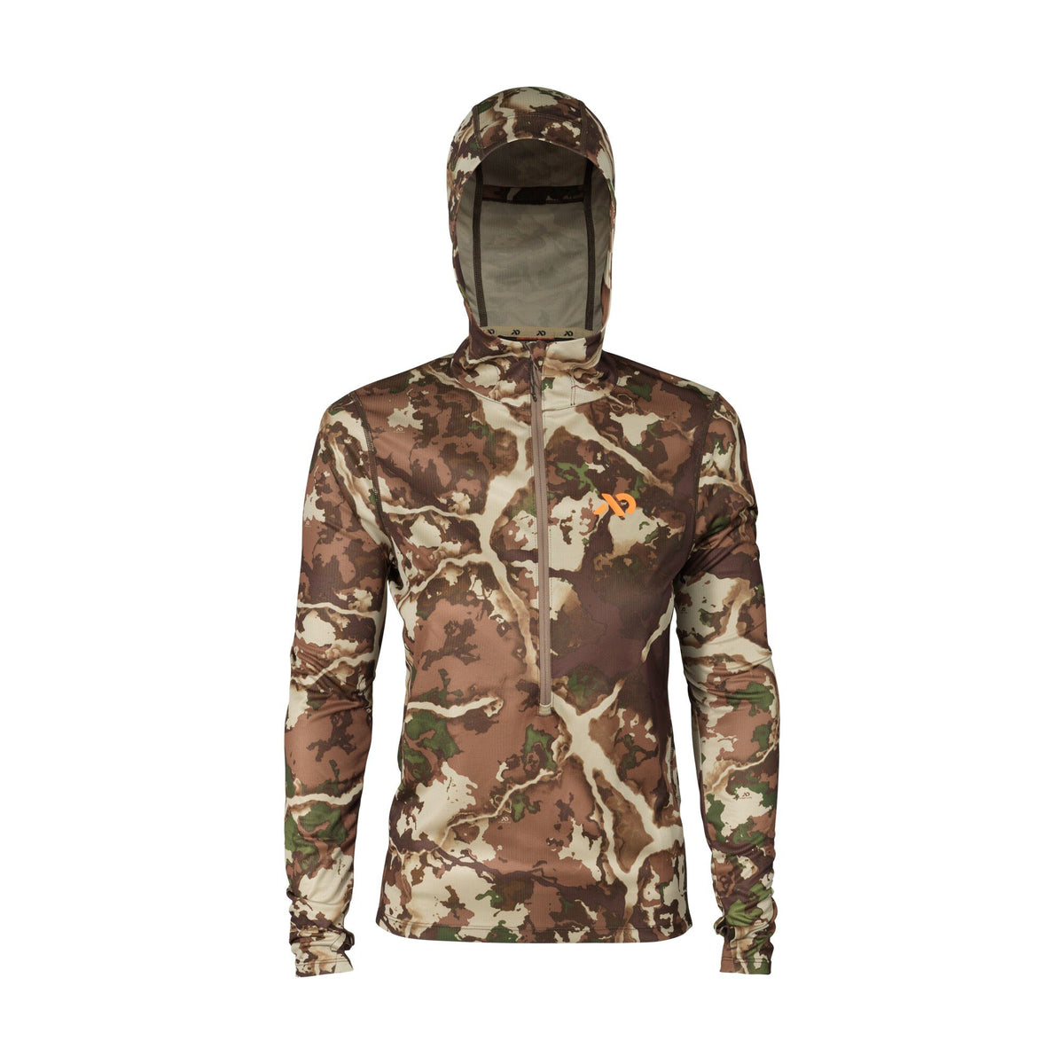 Brown, tan, and green camouflage hooded long-sleeve shirt with a quarter-zip front, integrated mesh face mask, and orange chest logo.