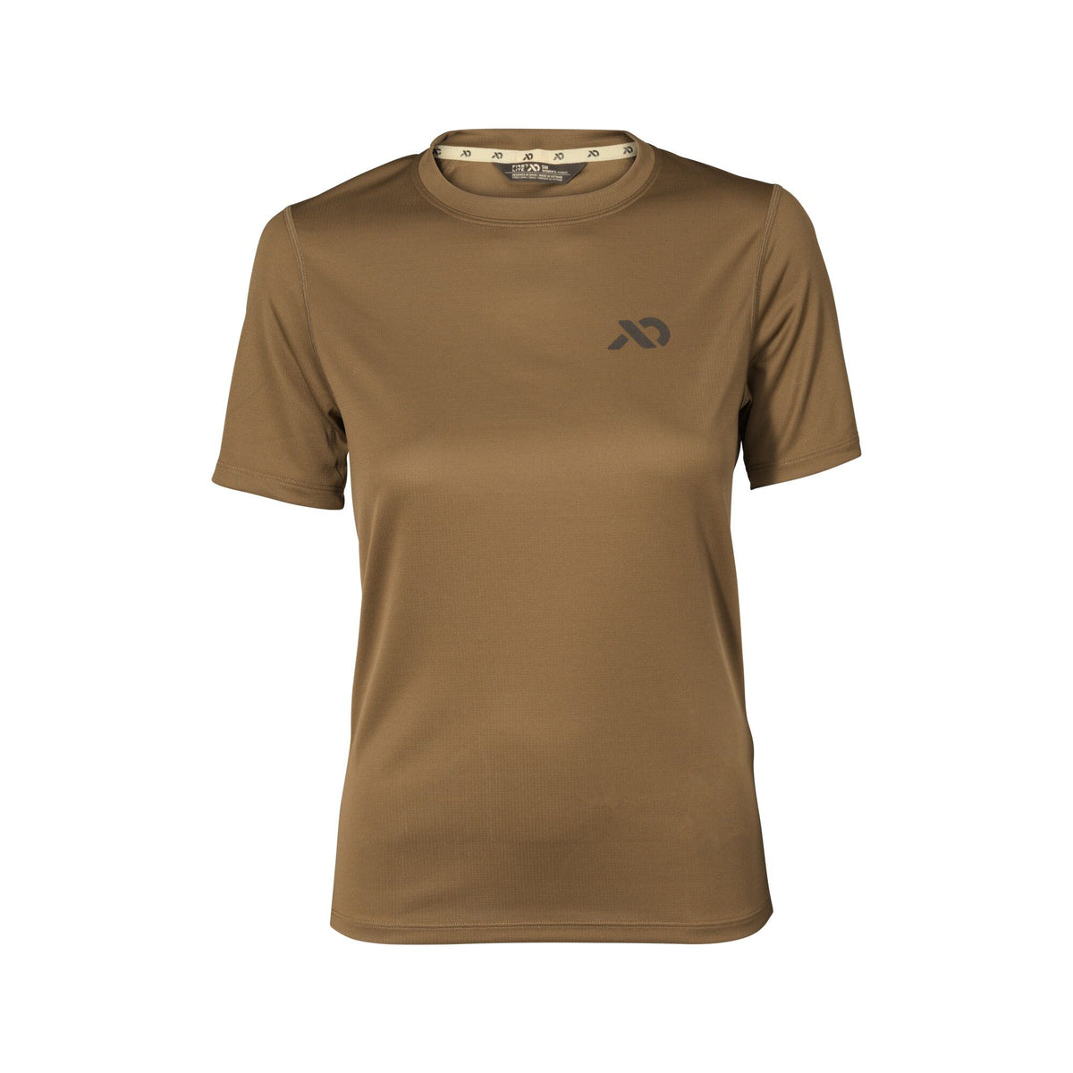 Coyote brown short-sleeve performance t-shirt with a dark grey logo on the left chest.