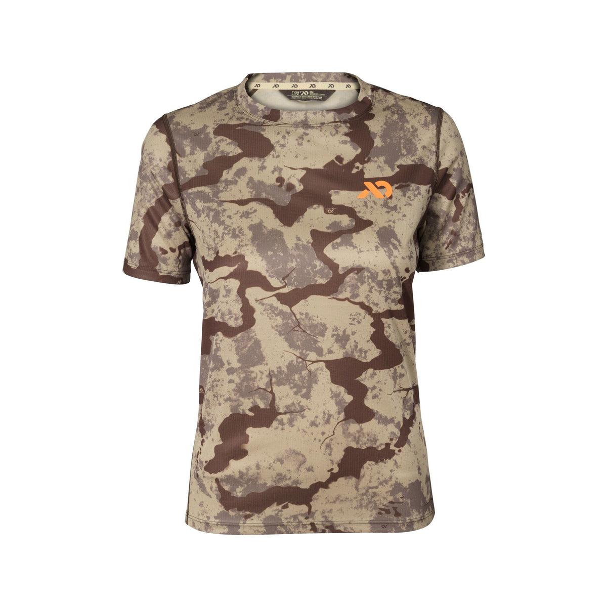 Short-sleeve t-shirt with a brown and tan camouflage pattern and an orange First Lite logo on the chest.
