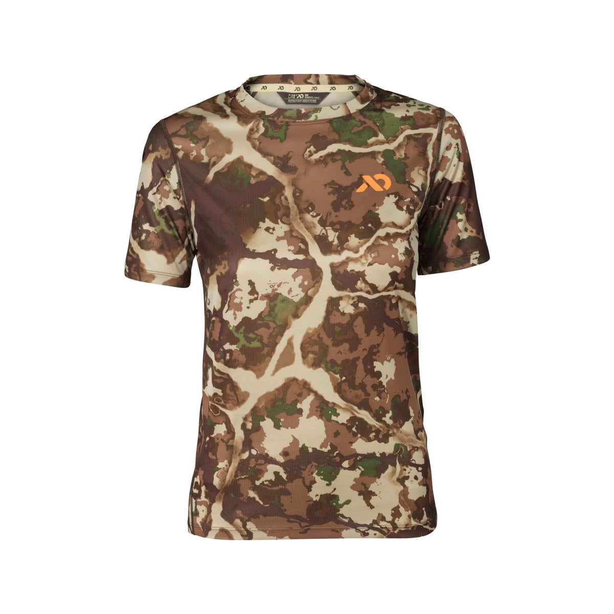 Brown, green, and tan camouflage short-sleeved t-shirt with an orange logo on the chest and a brand tag on the collar.