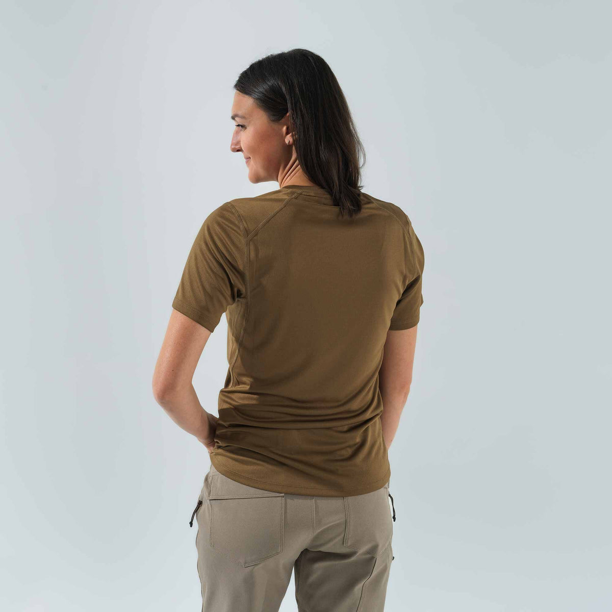 Dark olive short-sleeve t-shirt with raglan sleeves and a round neck, modeled from the back.